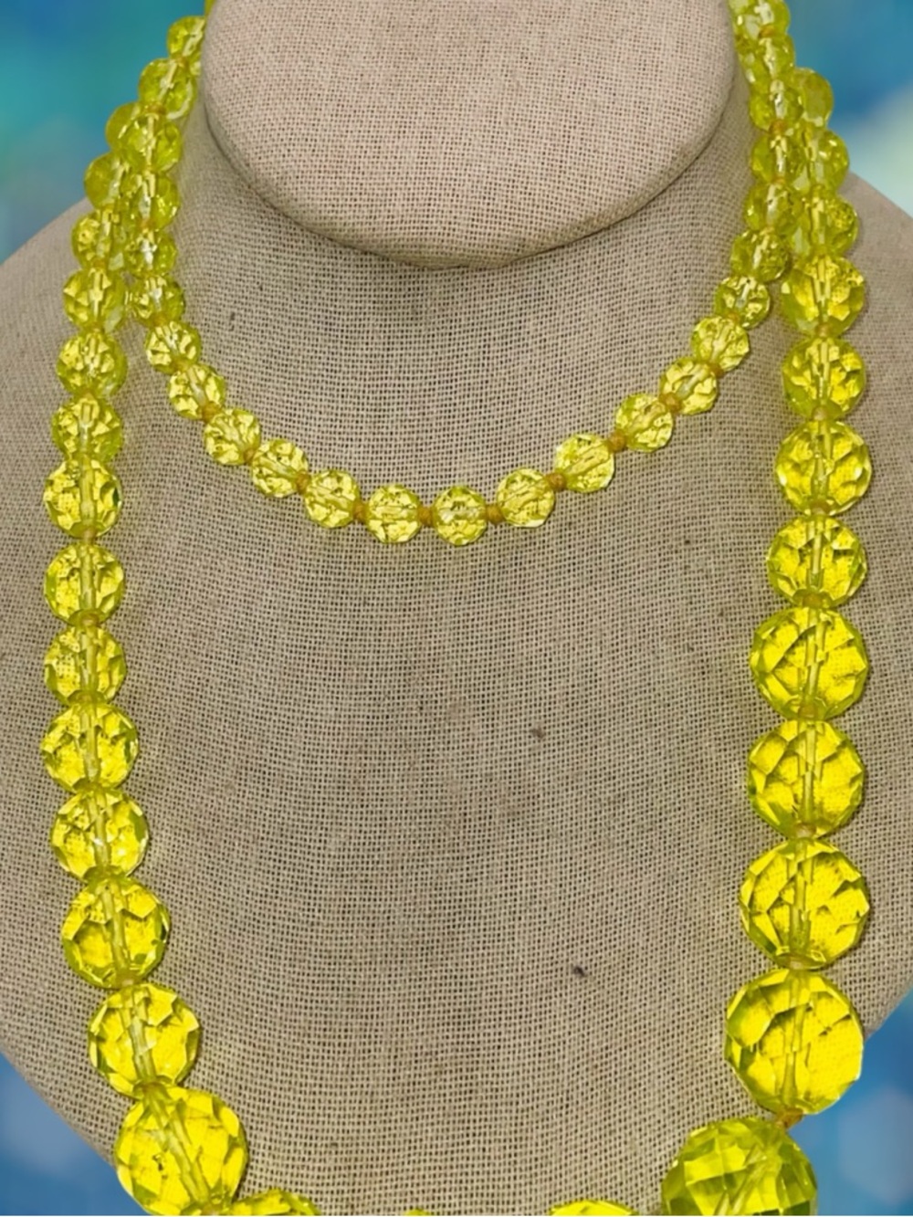 Amazing Estate Antique Vaseline Uranium Cut Glass Faceted Beads Necklace